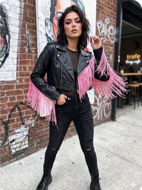 Hot & Delicious Black Faux Leather Fringe Jacket with Pink Trim